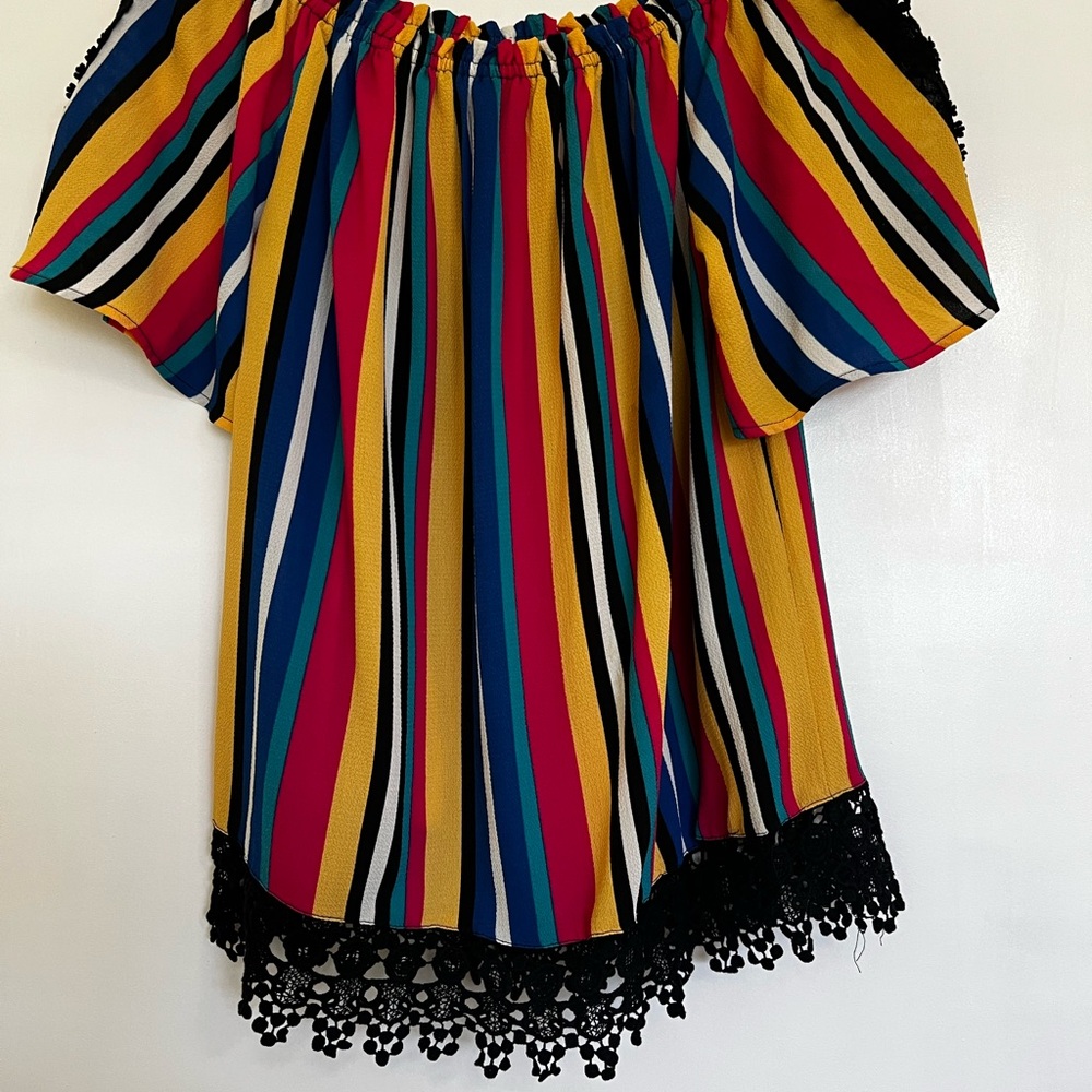 Colorful Striped Women's Top with Lace Trim